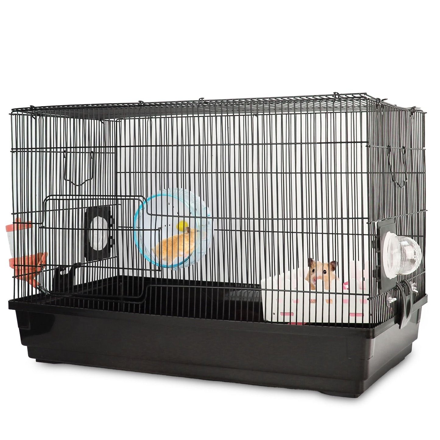 Large black wire pet cage featuring a hamster in a pink hideout and a colorful exercise wheel, ideal for small animals.