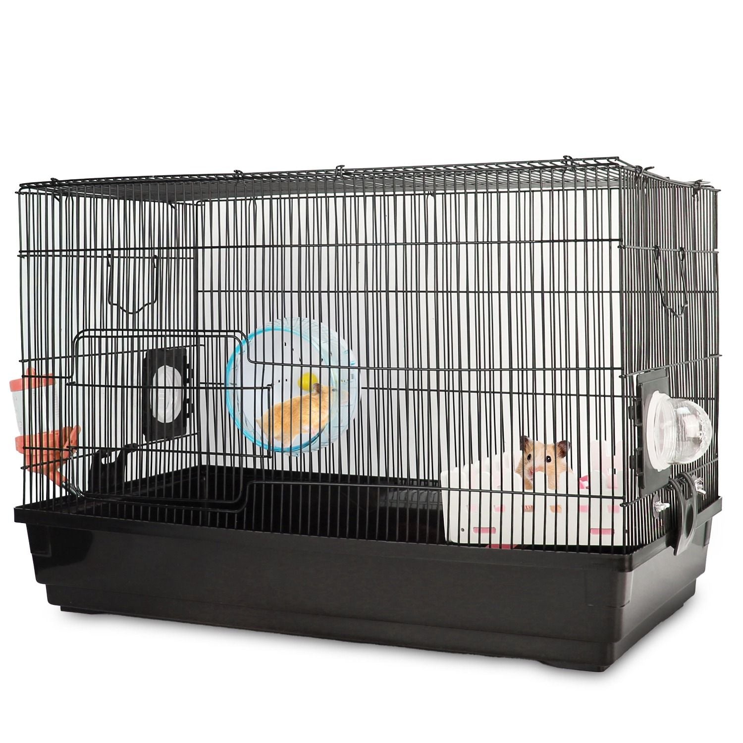 Large black wire pet cage featuring a hamster in a pink hideout and a colorful exercise wheel, ideal for small animals.