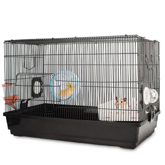 Large black wire pet cage featuring a hamster in a pink hideout and a colorful exercise wheel, ideal for small animals.
