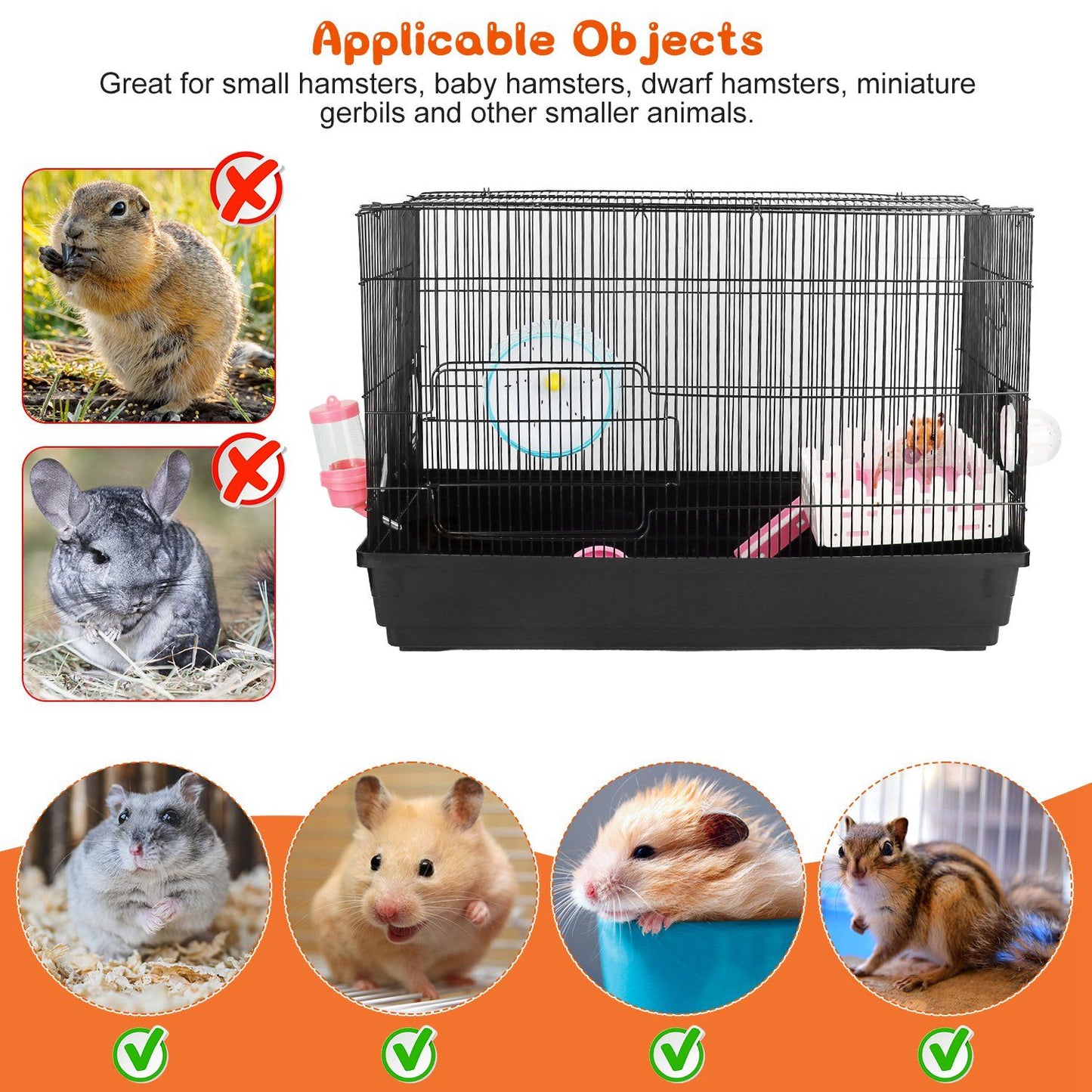Hamster cage suitable for small and dwarf hamsters, featuring a black base, metal wire structure, and pink accessories, with images of suitable and unsuitable animals.