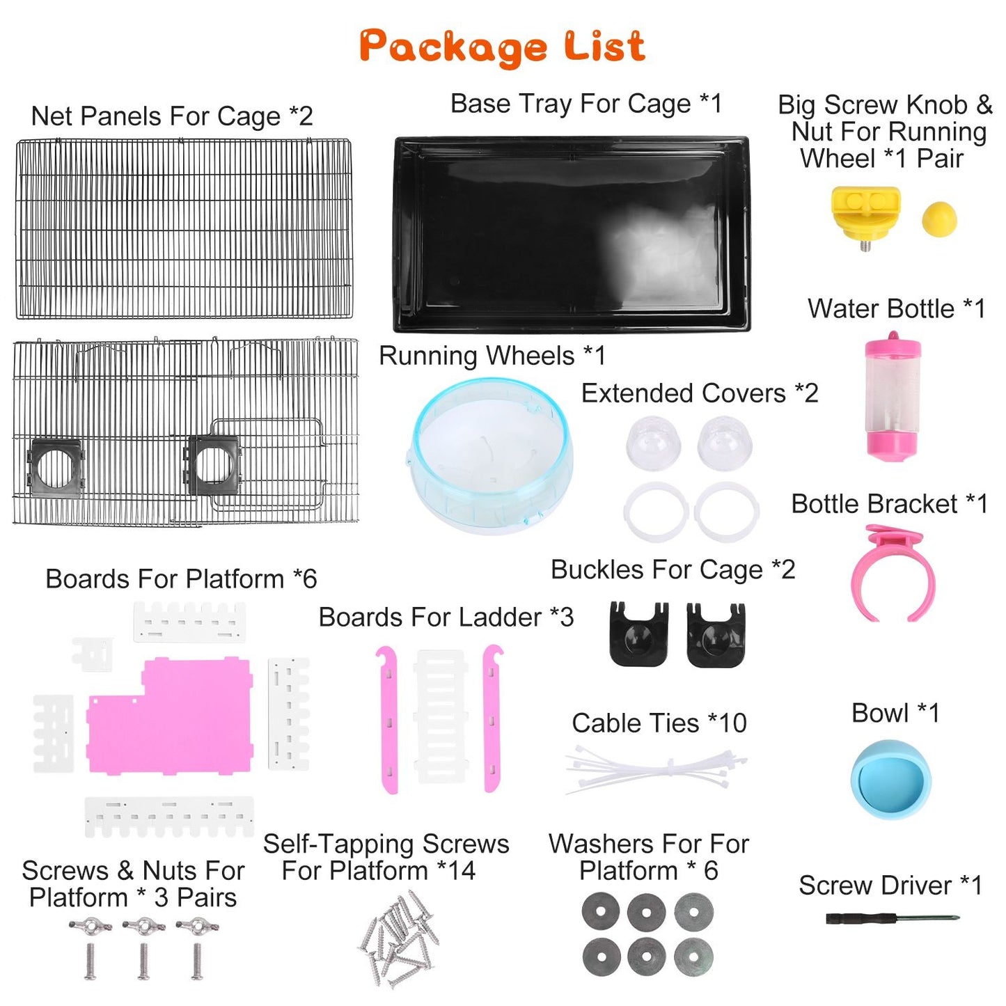 Product image showcasing a complete package list for a small animal cage, including net panels, base tray, running wheels, water bottle, various platform and ladder boards, screws, brackets, and assembly tools.