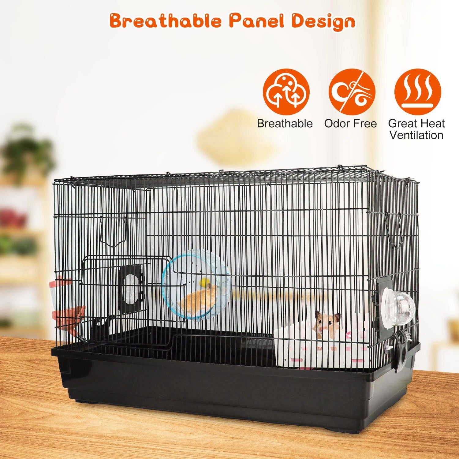 Hamster cage with breathable panel design, featuring great heat ventilation, an odor-free environment, and a small hamster visible inside.