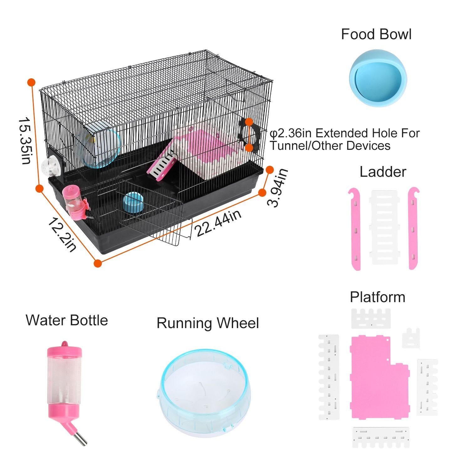 Small animal cage featuring a water bottle, food bowl, running wheel, ladder, and platform, with measurements labeled in inches for easy reference.