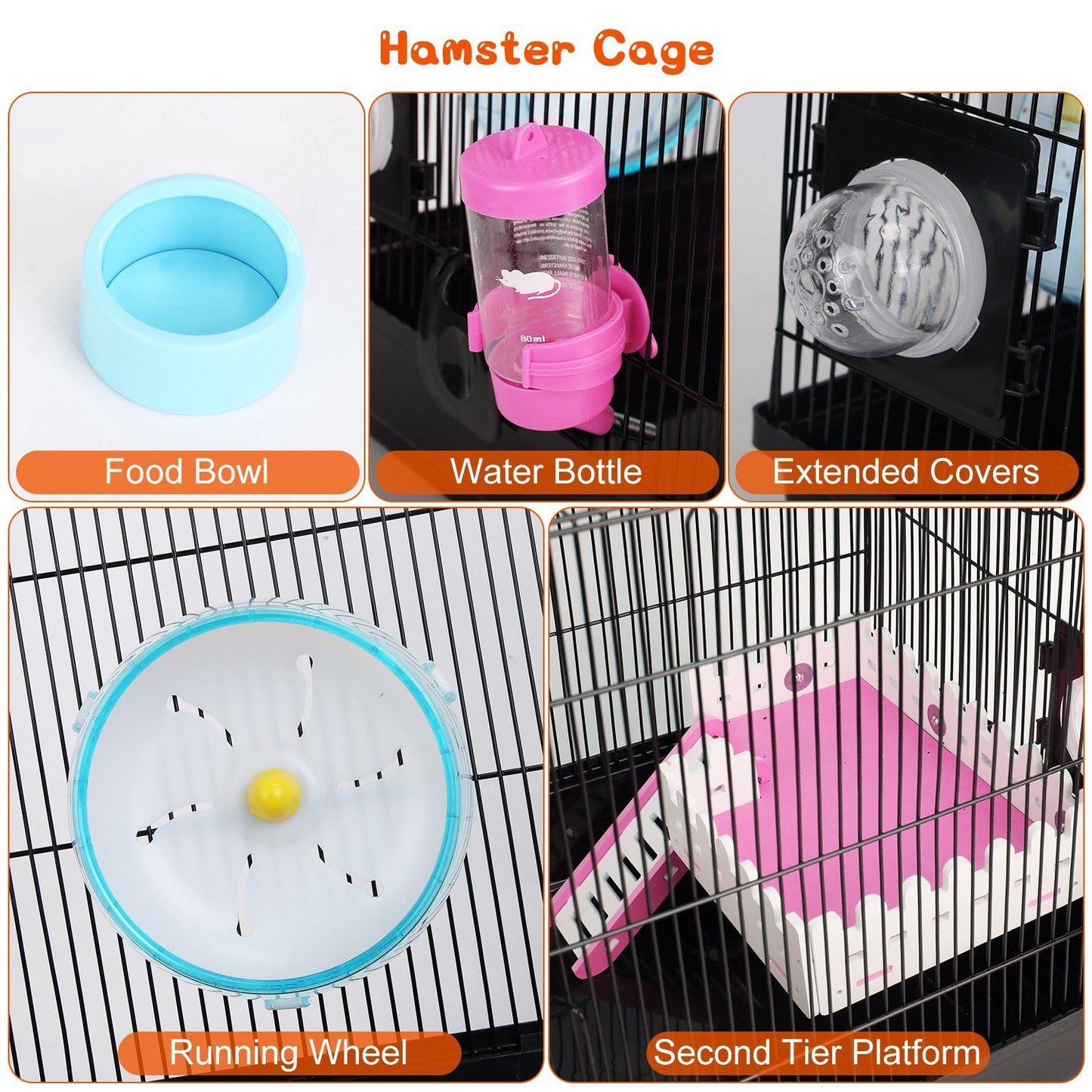 Hamster cage accessories including a blue food bowl, pink water bottle, extended covers, running wheel, and second tier platform, designed for comfort and fun in a pet-friendly environment.