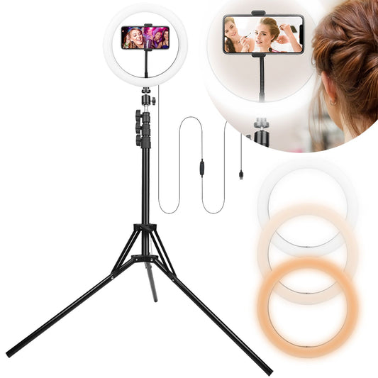 Adjustable ring light with smartphone holder and three light color options, ideal for photography, video recording, and makeup application.
