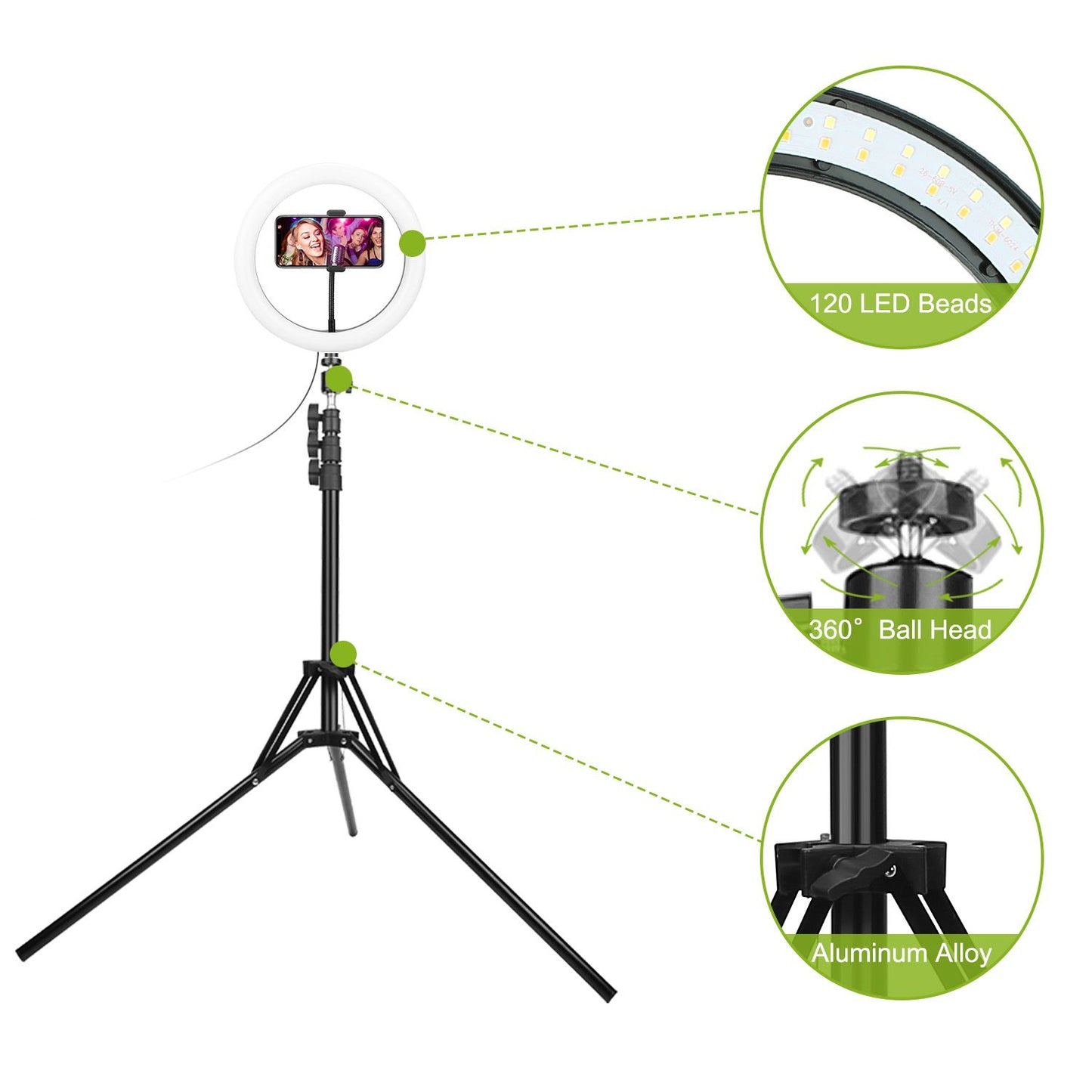 LED ring light with adjustable tripod stand, featuring 120 LED beads, a 360-degree ball head for flexible positioning, and a lightweight aluminum alloy construction, ideal for photography and video recording.