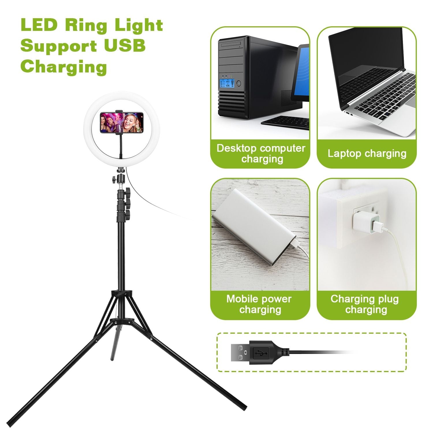 LED ring light on a tripod with USB charging support, featuring corresponding graphics for desktop, laptop, mobile power bank, and wall charging options.
