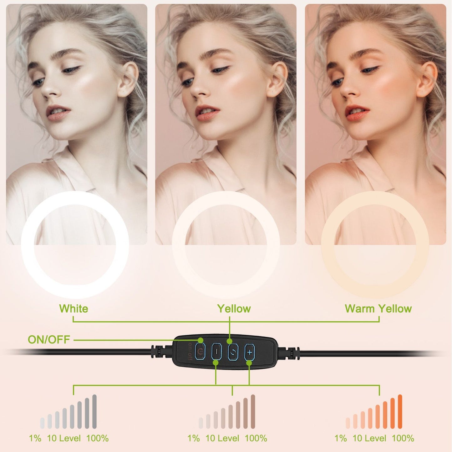 LED dimmable ring light with adjustable color temperatures in white, yellow, and warm yellow, showcasing a control panel for brightness levels, ideal for photography and makeup.