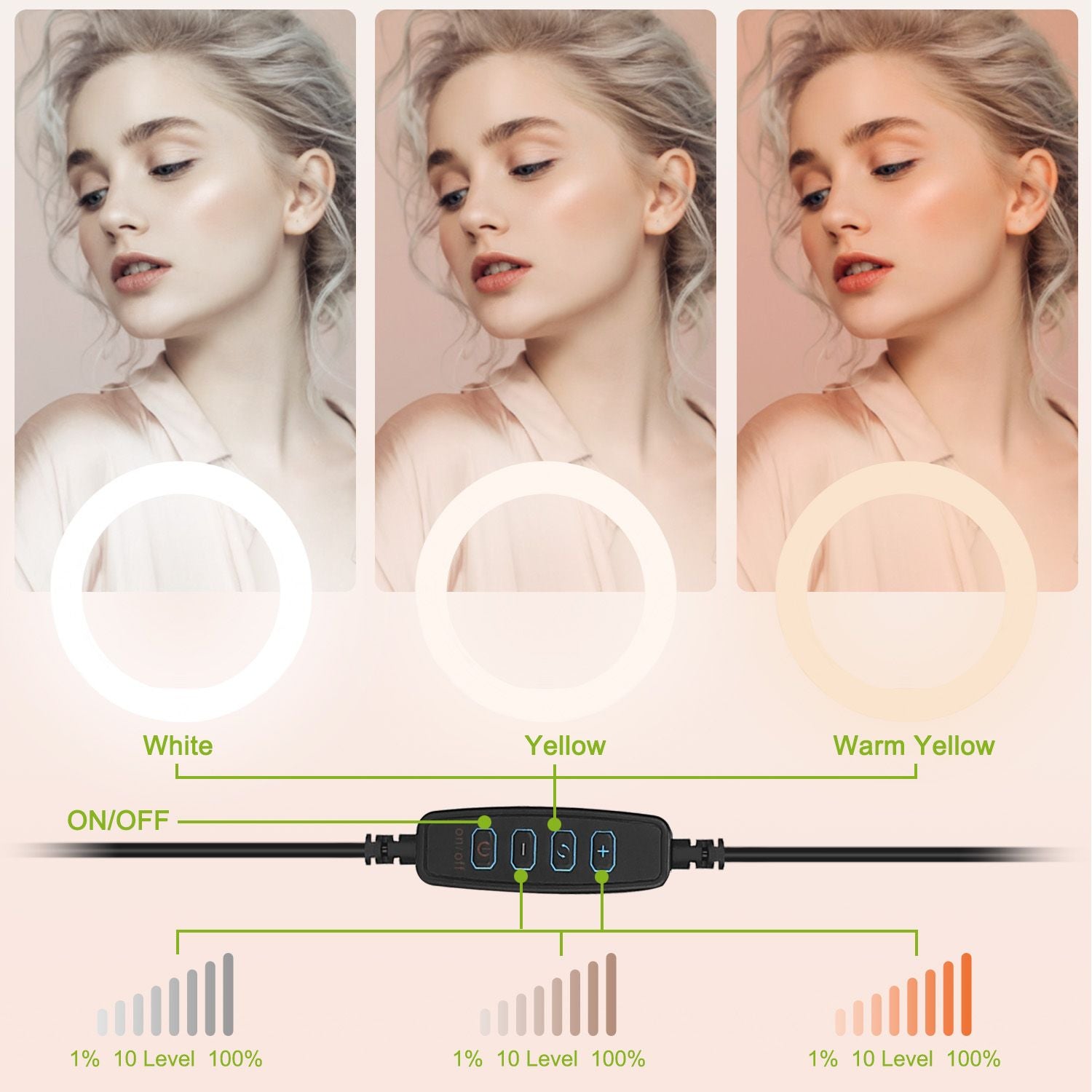 LED dimmable ring light with adjustable color temperatures in white, yellow, and warm yellow, showcasing a control panel for brightness levels, ideal for photography and makeup.