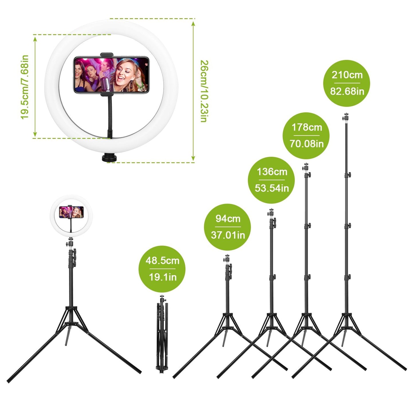 Ring light with adjustable tripod stand for photography and video recording, featuring a smartphone holder and extendable heights from 48.5cm to 210cm.