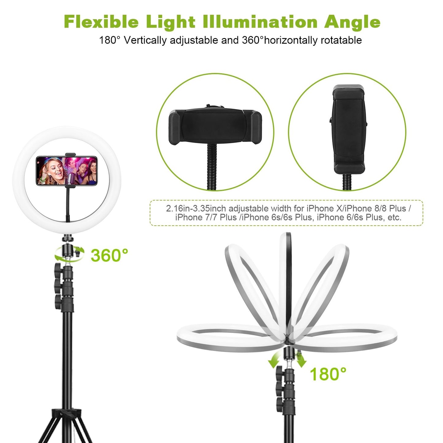 Adjustable ring light with 180° vertical and 360° horizontal rotation, featuring a phone holder compatible with various iPhone models including iPhone X and 7 Plus, perfect for photography and live streaming.