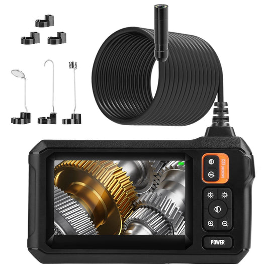 Endoscope inspection camera kit featuring a high-resolution display, flexible cable, and various attachments for versatile use in automotive and industrial applications.
