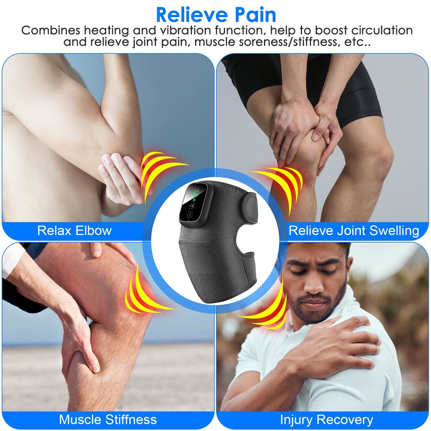 Heating and vibration therapy device for joint pain relief, featuring adjustable settings for elbow relaxation, muscle stiffness alleviation, and injury recovery support.