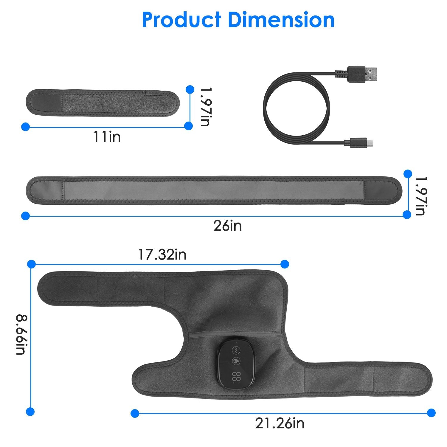 Product dimensions of a wearable fitness device, featuring a main strap (26 inches), smaller strap (11 inches), and USB cable, displayed with measurement annotations for accessibility.