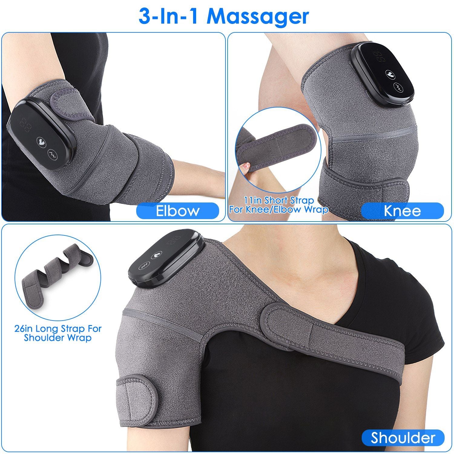 3-in-1 massager designed for elbow, knee, and shoulder relief, featuring adjustable straps and a control panel for customizable comfort.