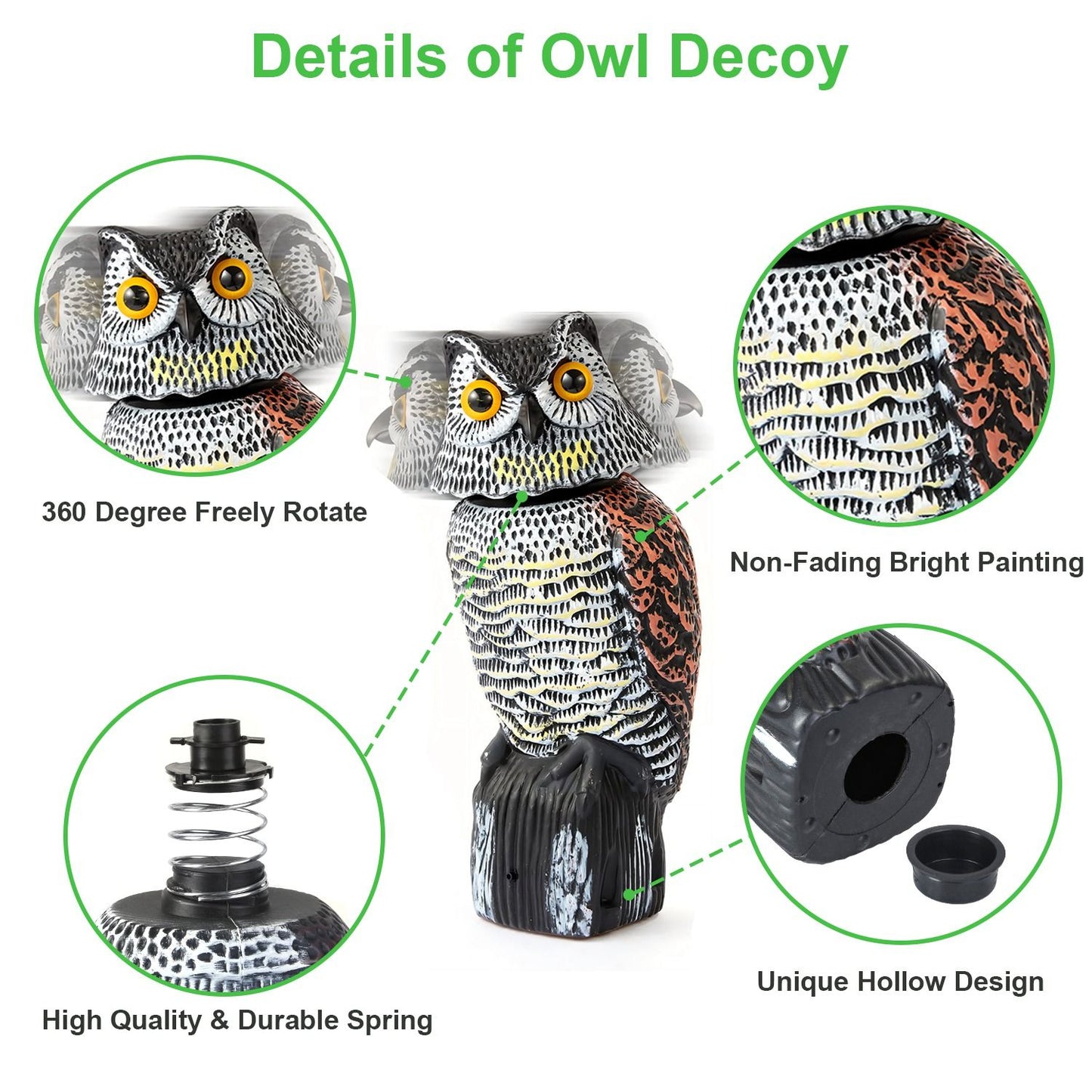 Owl decoy with 360-degree rotation, non-fading bright paint, durable spring mechanism, and unique hollow design for effective outdoor use.