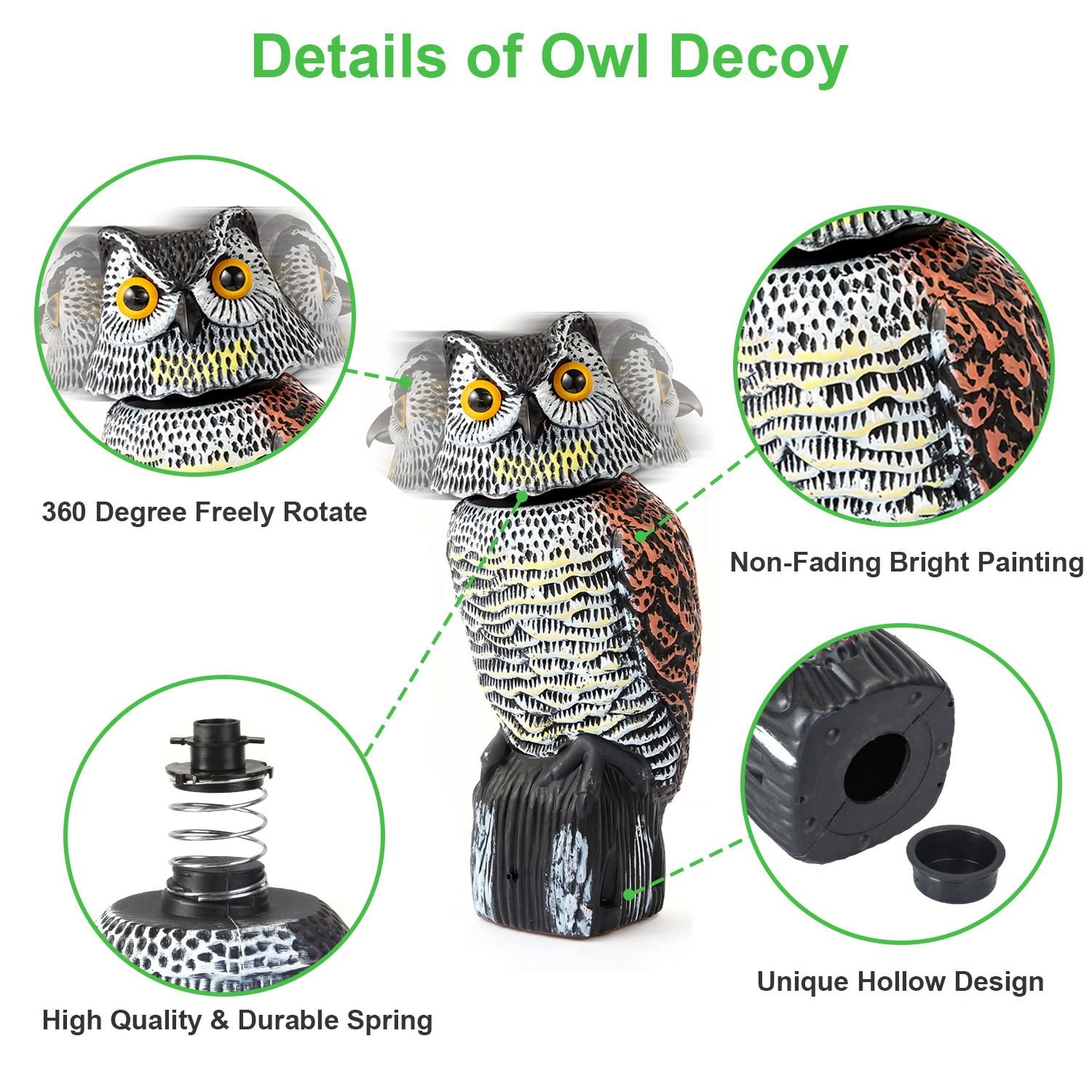 Owl decoy with 360-degree rotation, non-fading bright paint, durable spring mechanism, and unique hollow design for effective outdoor use.