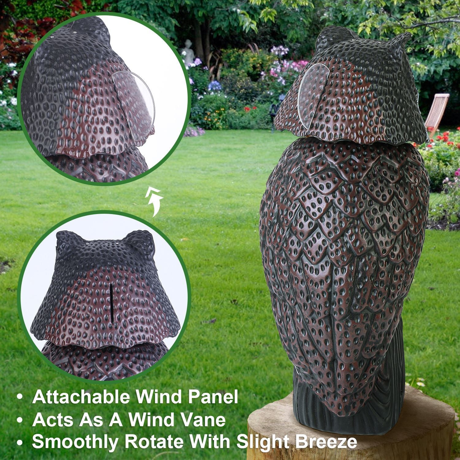 Owl-shaped garden wind vane with a detailed textured surface and an attachable wind panel, designed to smoothly rotate in the breeze, set against a lush garden backdrop.