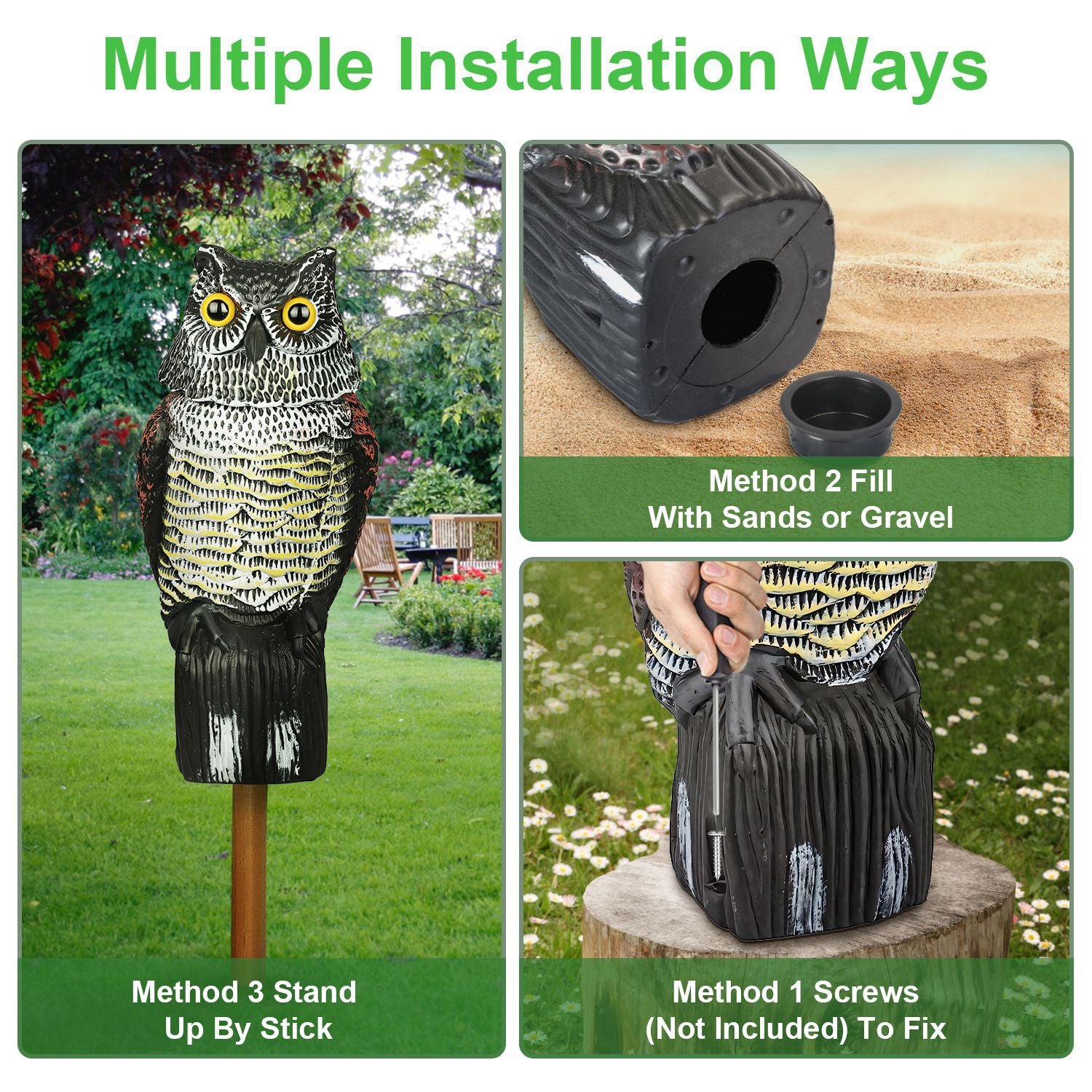 Owl decoy with multiple installation methods displayed: filling with sand or gravel, using screws, or standing upright with a stick, set in a garden environment.
