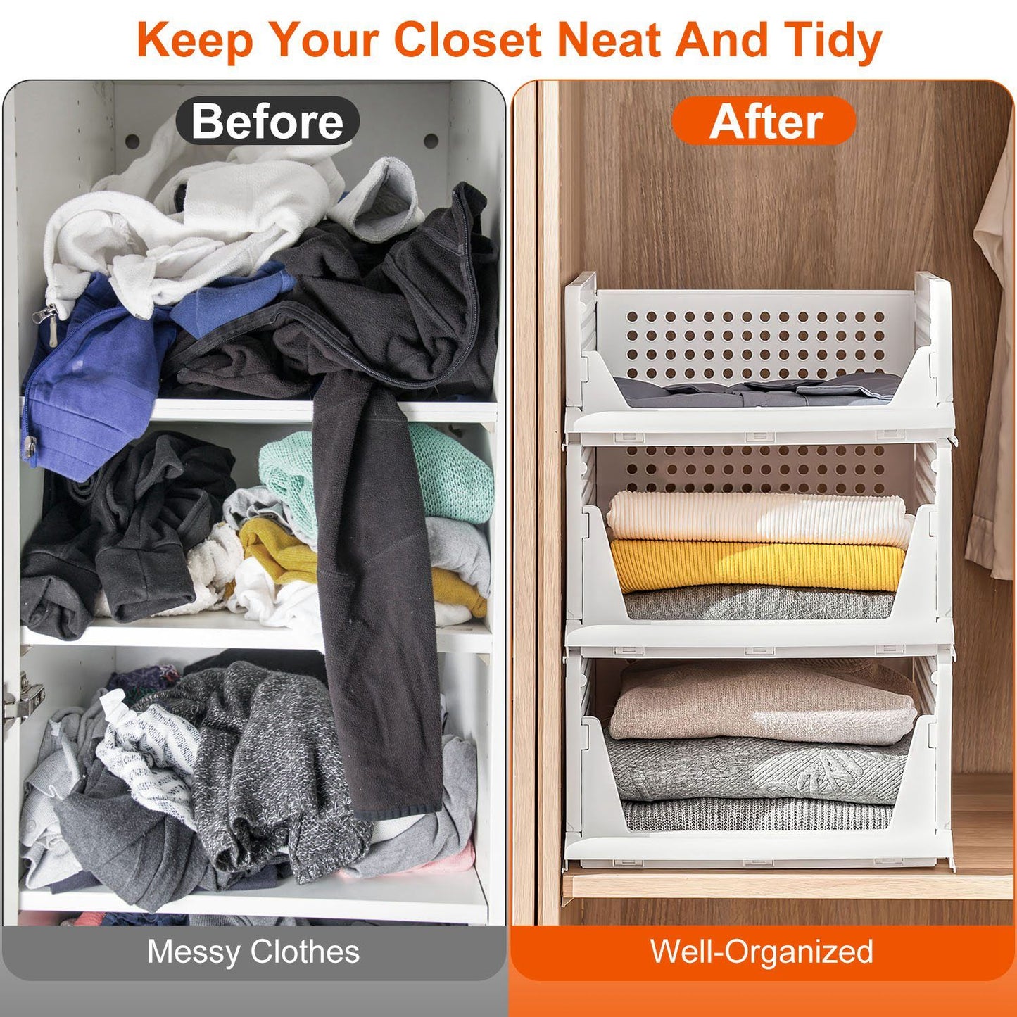 Side-by-side comparison of a messy closet before and a well-organized closet after using storage bins, showcasing cluttered clothes on the left and neatly folded garments on the right.