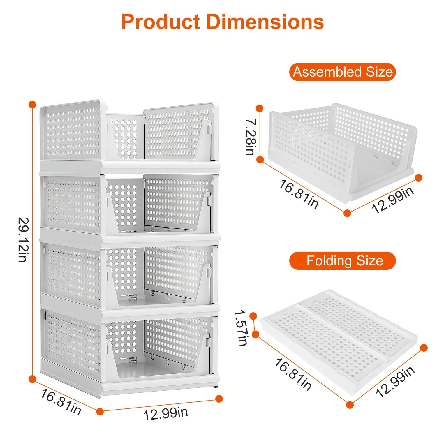 Four-tier white storage basket organizer with dimensions displayed, showcasing assembled and folding sizes for versatile home organization solutions.