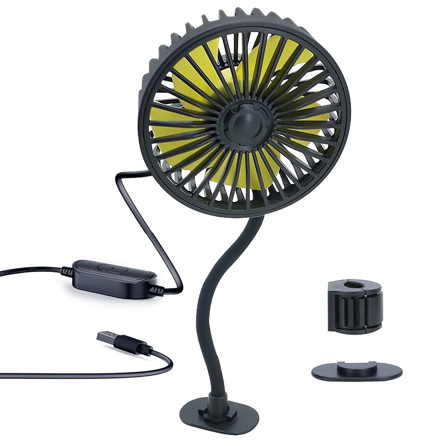 USB powered desk fan with flexible neck and detachable mounting options, designed for optimal airflow and convenience.