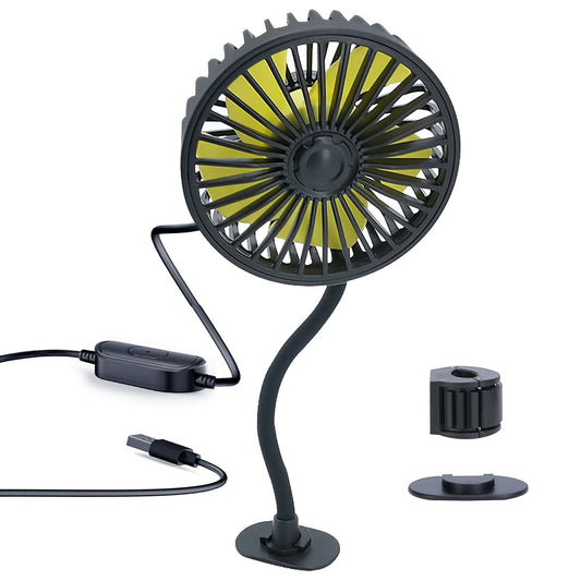 USB powered desk fan with flexible neck and detachable mounting options, designed for optimal airflow and convenience.
