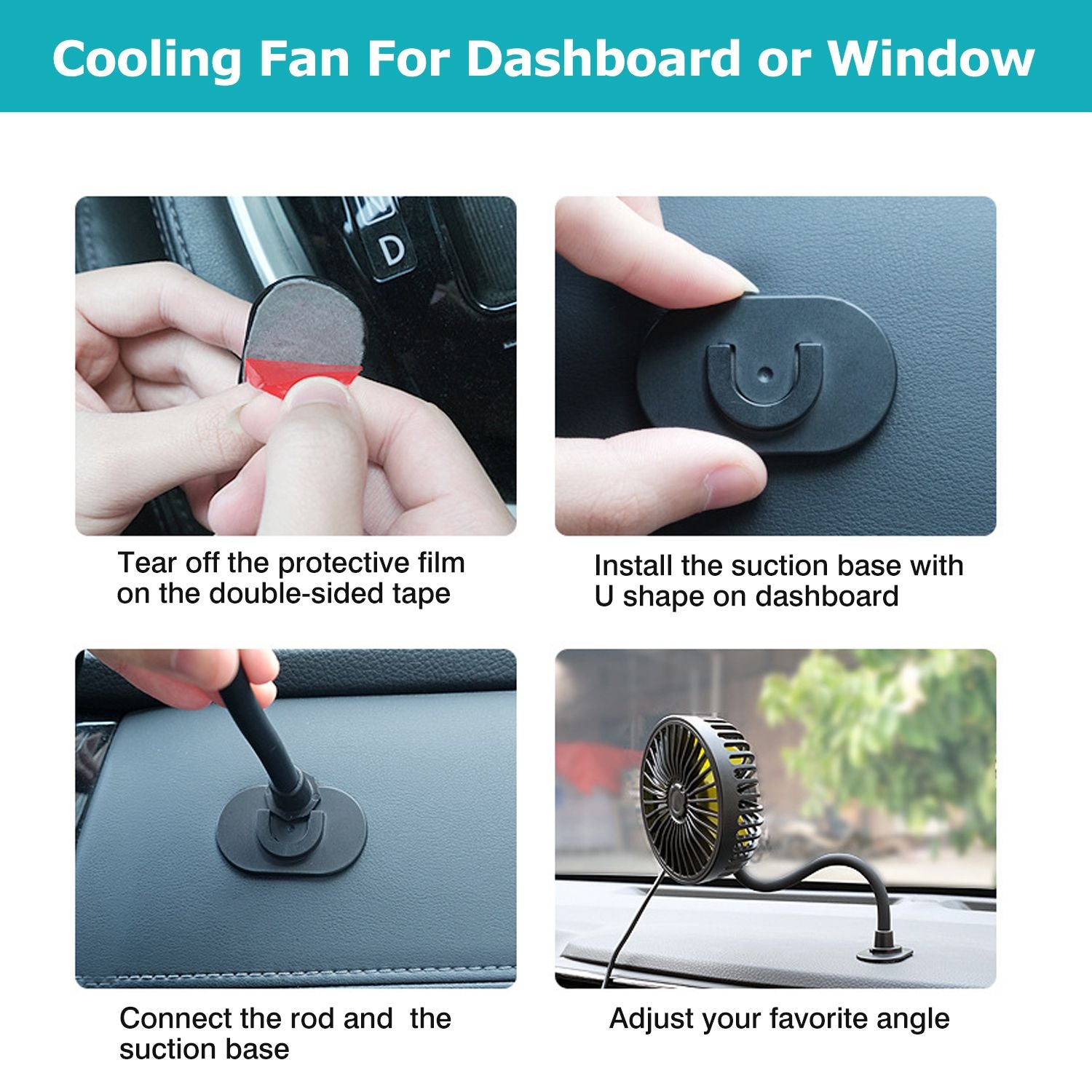 Instructions for installing a cooling fan for the car dashboard or window, showing steps to attach the suction base, connect the rod, and adjust the fan angle for optimal airflow.
