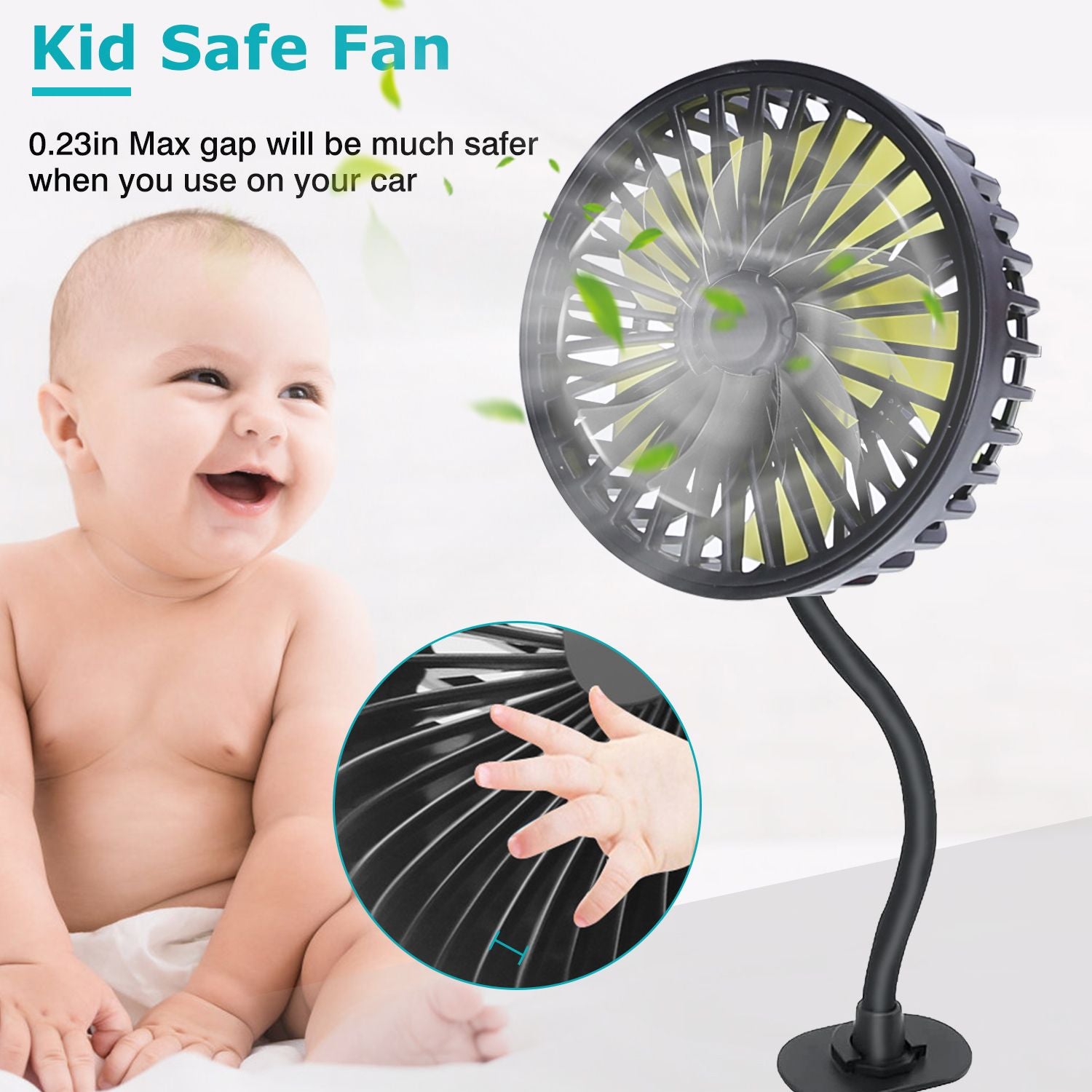Kid Safe Fan with flexible neck and protective blade design, perfect for car use, ensuring safety with a 0.23-inch gap to protect little hands; ideal for keeping children cool and comfortable.