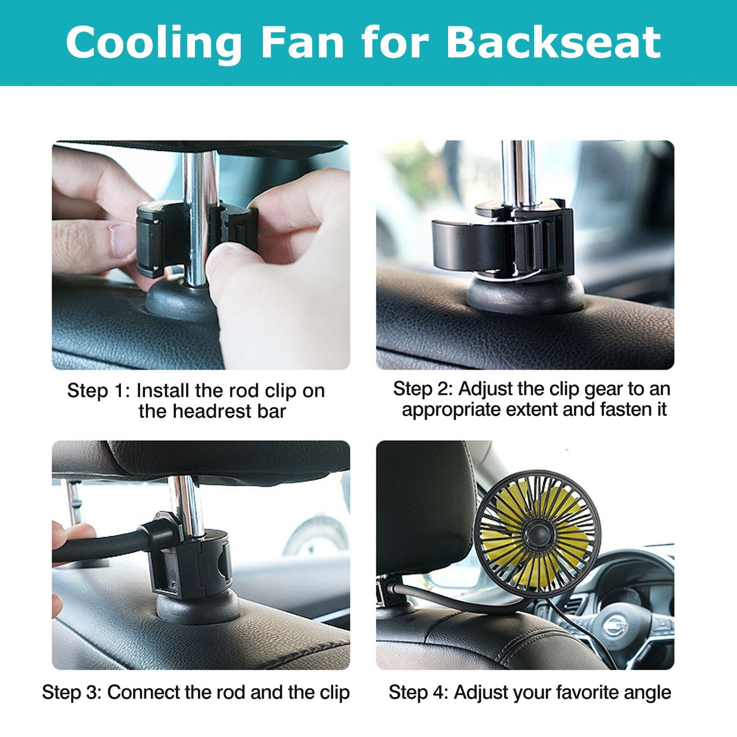 Instructions for installing a cooling fan for car backseat: steps showing clip installation, adjustment, connection, and angle adjustment on headrest.