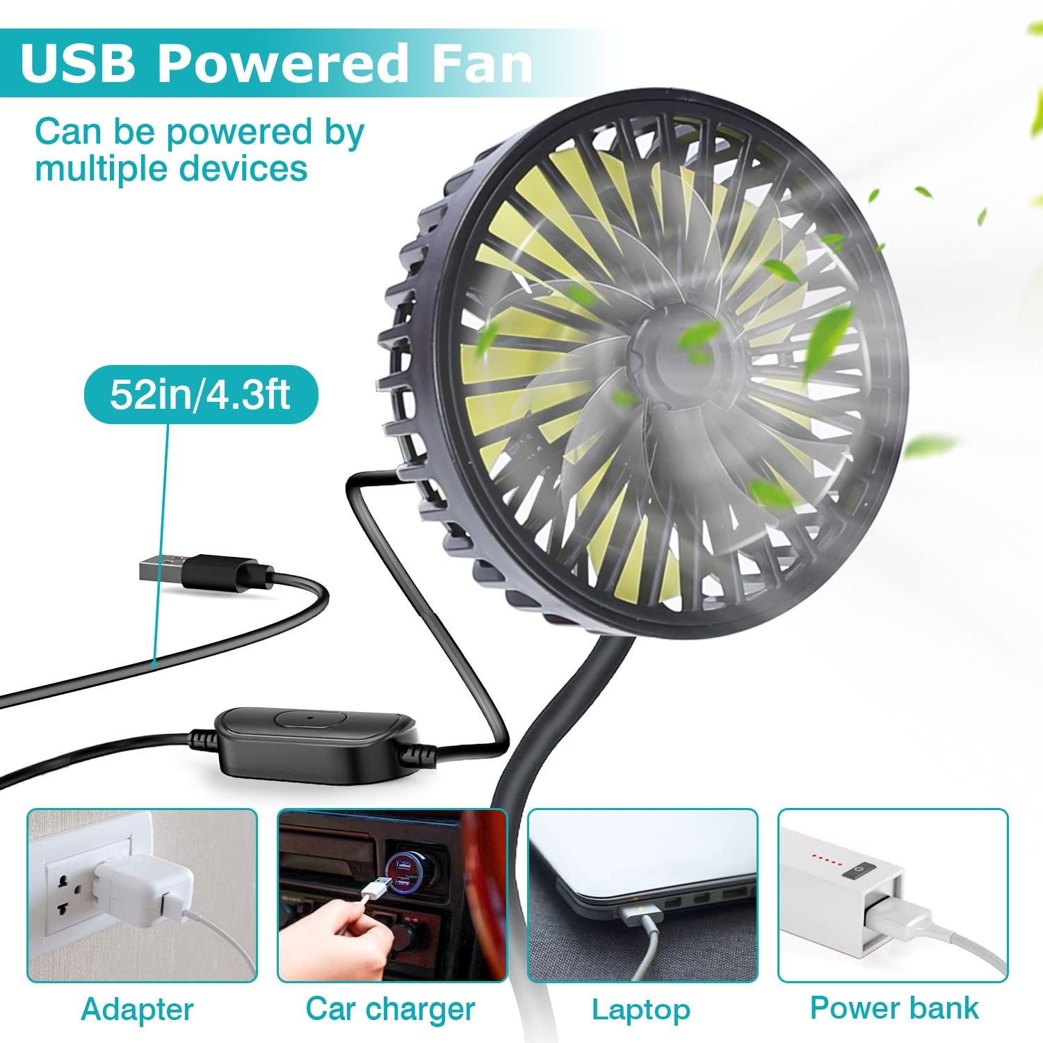 USB powered fan with flexible 52-inch cable, compatible with adapters, car chargers, laptops, and power banks for versatile cooling options.