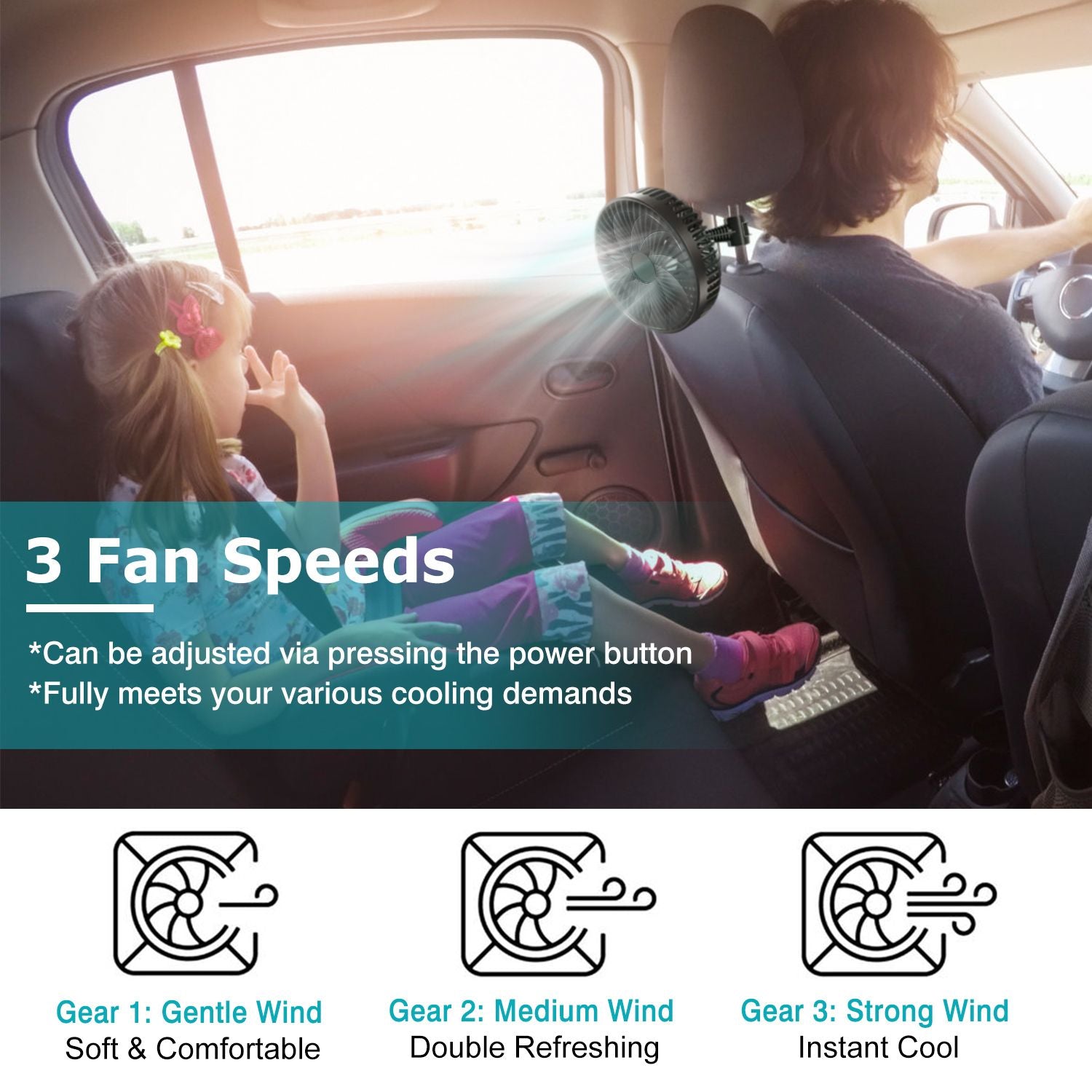Compact car fan with three adjustable speeds providing gentle, medium, and strong airflow for comfort during travel, featuring a little girl sitting in the backseat enjoying the cool breeze while a man drives.