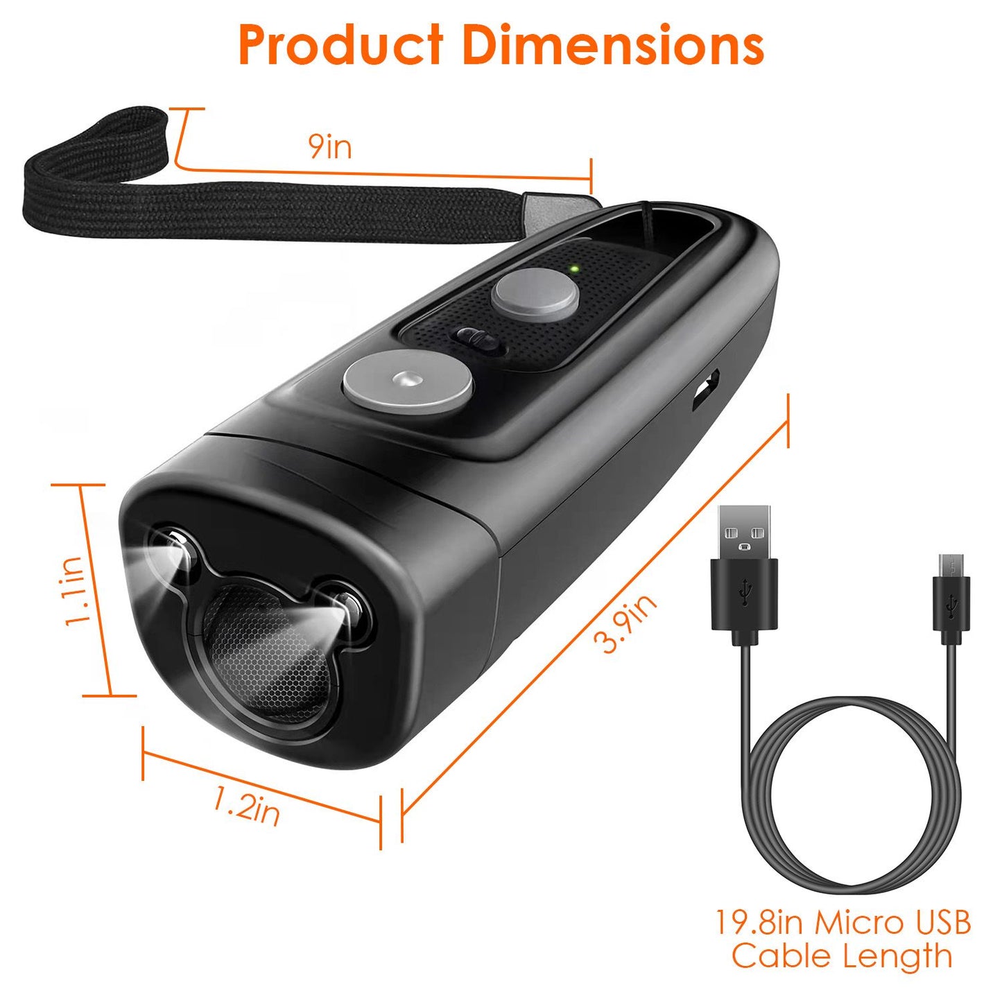 Portable black flashlight with a strap, measuring 9 inches long, 1.2 inches wide, and 3.9 inches tall, includes a 19.8-inch Micro USB charging cable.