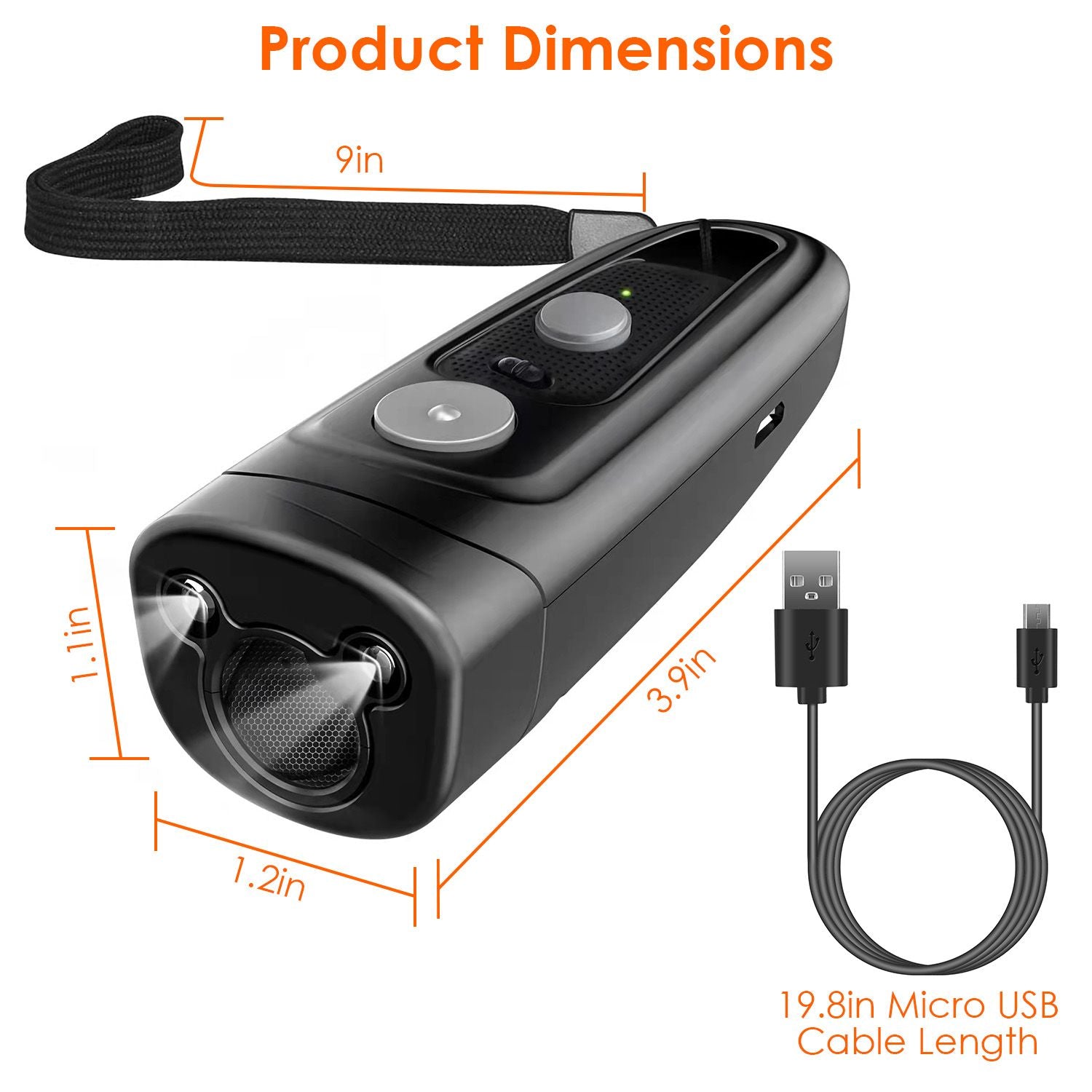 Portable black flashlight with a strap, measuring 9 inches long, 1.2 inches wide, and 3.9 inches tall, includes a 19.8-inch Micro USB charging cable.