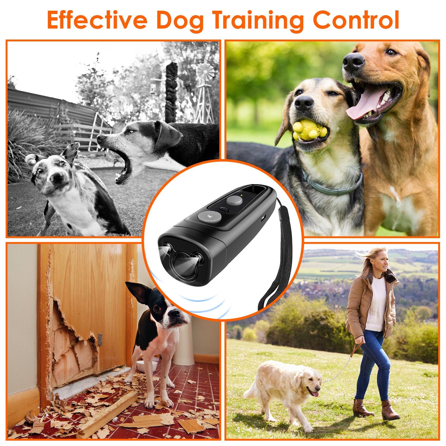 Black dog training device in the center surrounded by images of dogs playing, a dog damaging furniture, and a woman walking a dog, showcasing effective control for dog training.