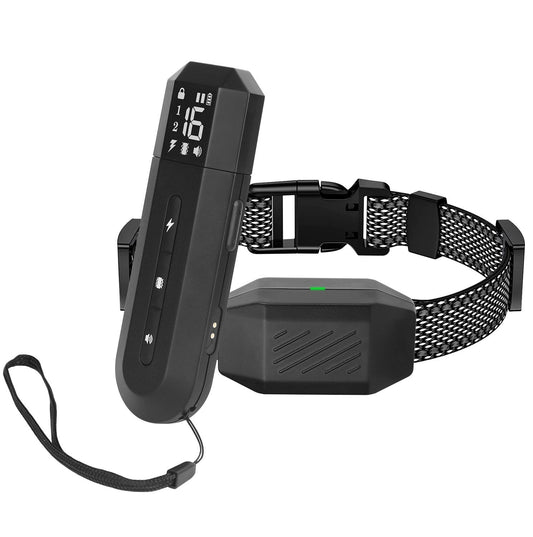 Rechargeable dog training collar with digital display remote and adjustable black mesh strap for effective communication and training.