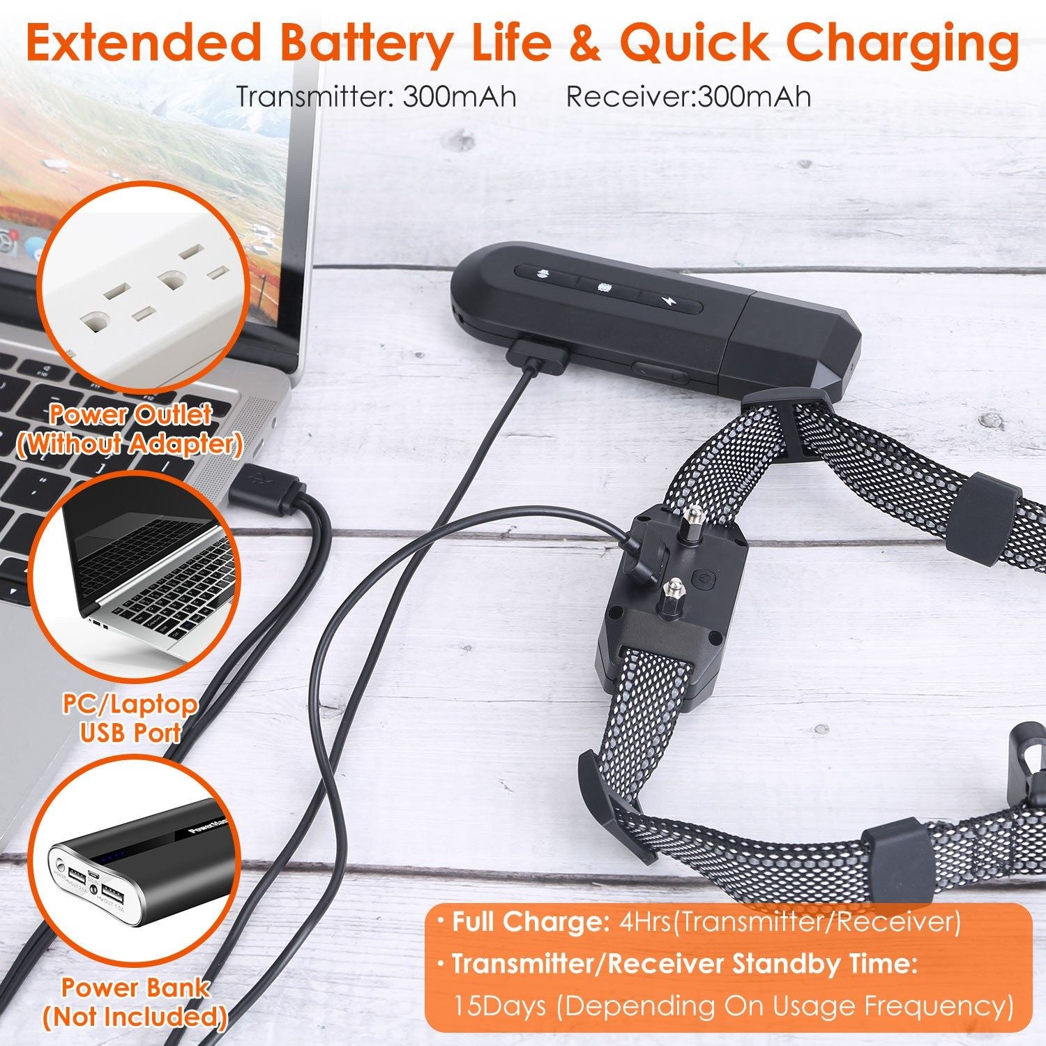 Wireless audio transmitter and receiver with charging cable, showing power connection options including laptop and power bank, highlighting extended battery life and quick charging features.