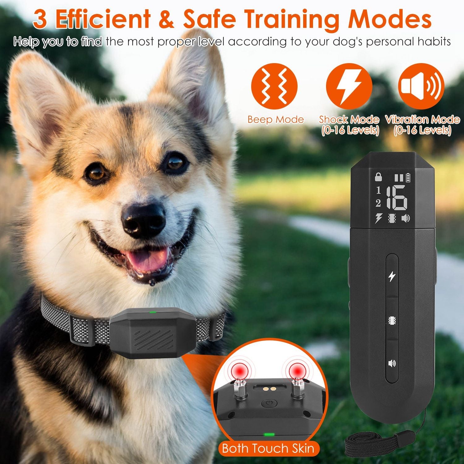 Dog training collar with remote controller showcasing three safe training modes: beep, shock, and vibration, designed for personalized training with adjustable levels (0-16) for effective behavior correction.