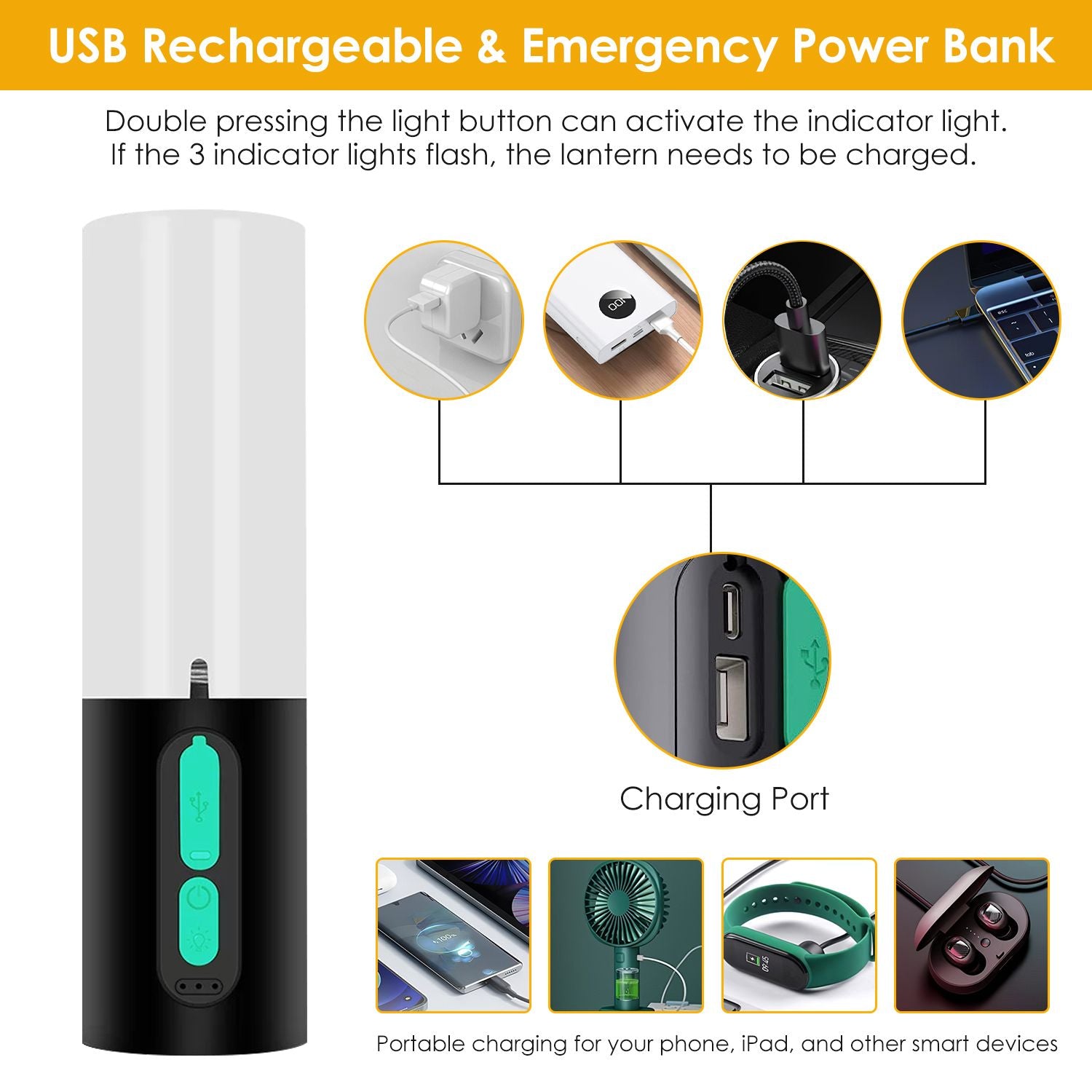 USB rechargeable lantern and emergency power bank with charging ports, featuring indicator lights and portable charging capability for smartphones and other devices.