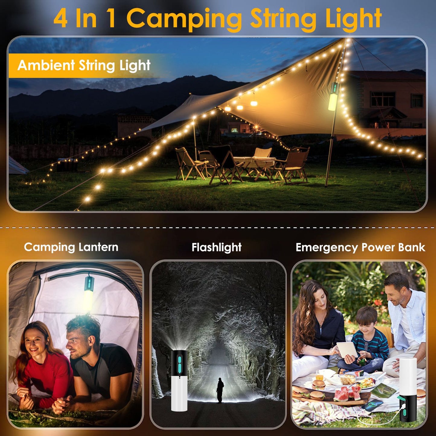 4-in-1 camping string light featuring ambient lighting, a camping lantern, flashlight, and emergency power bank, showcased in a cozy outdoor setting with a tent and campsite.