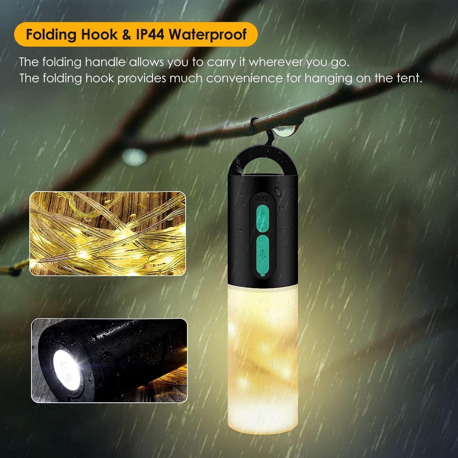 LED camping lantern with a folding hook, designed for outdoor use, showcasing waterproof features and carrying convenience in rainy settings.