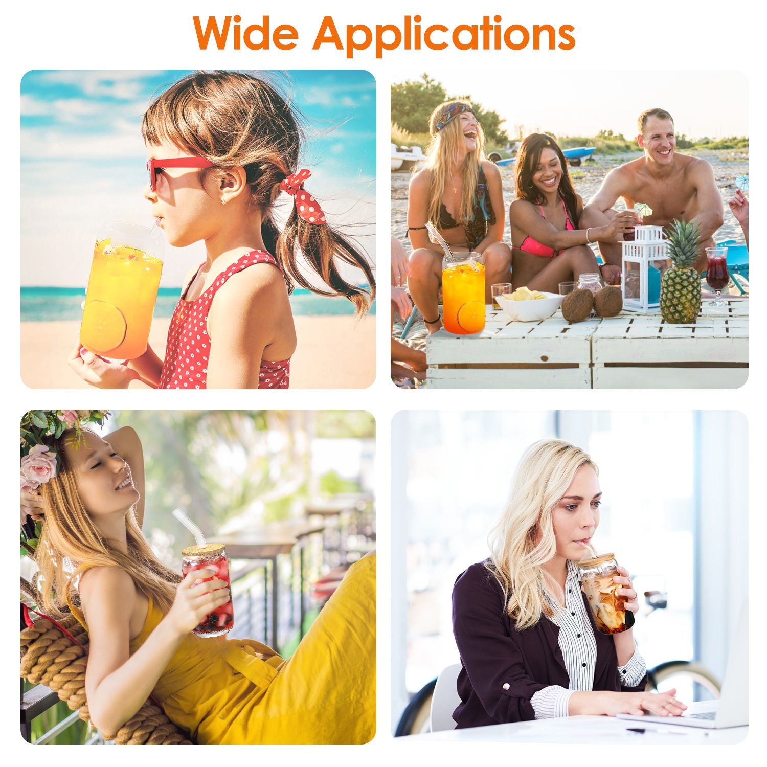 Collage of people enjoying refreshing beverages in various settings, including a beach, a casual outdoor gathering, and a cozy indoor environment, showcasing the product's versatility for any occasion.