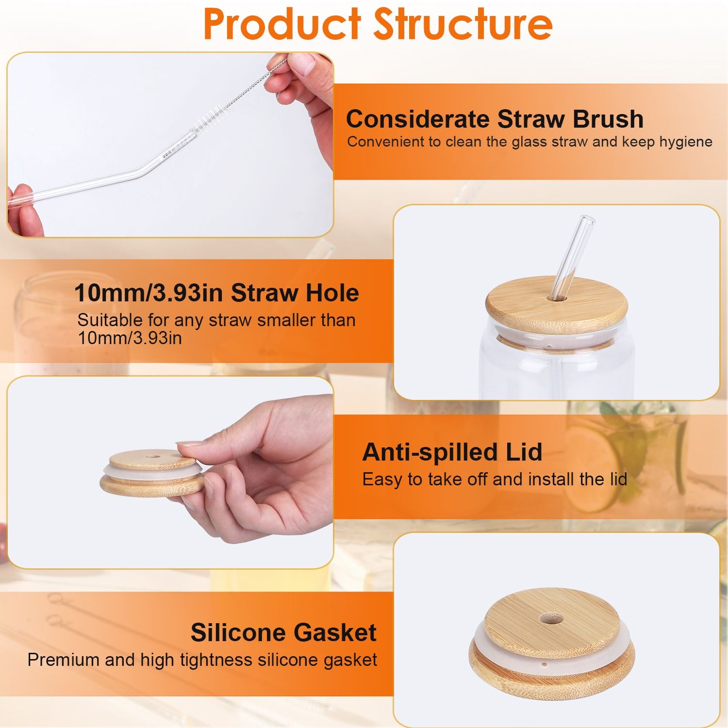 Image showing the key features of a glass jar with a silicone gasket lid, including a straw brush, a 10mm straw hole, an anti-spilled lid, and a premium silicone gasket for better sealing.