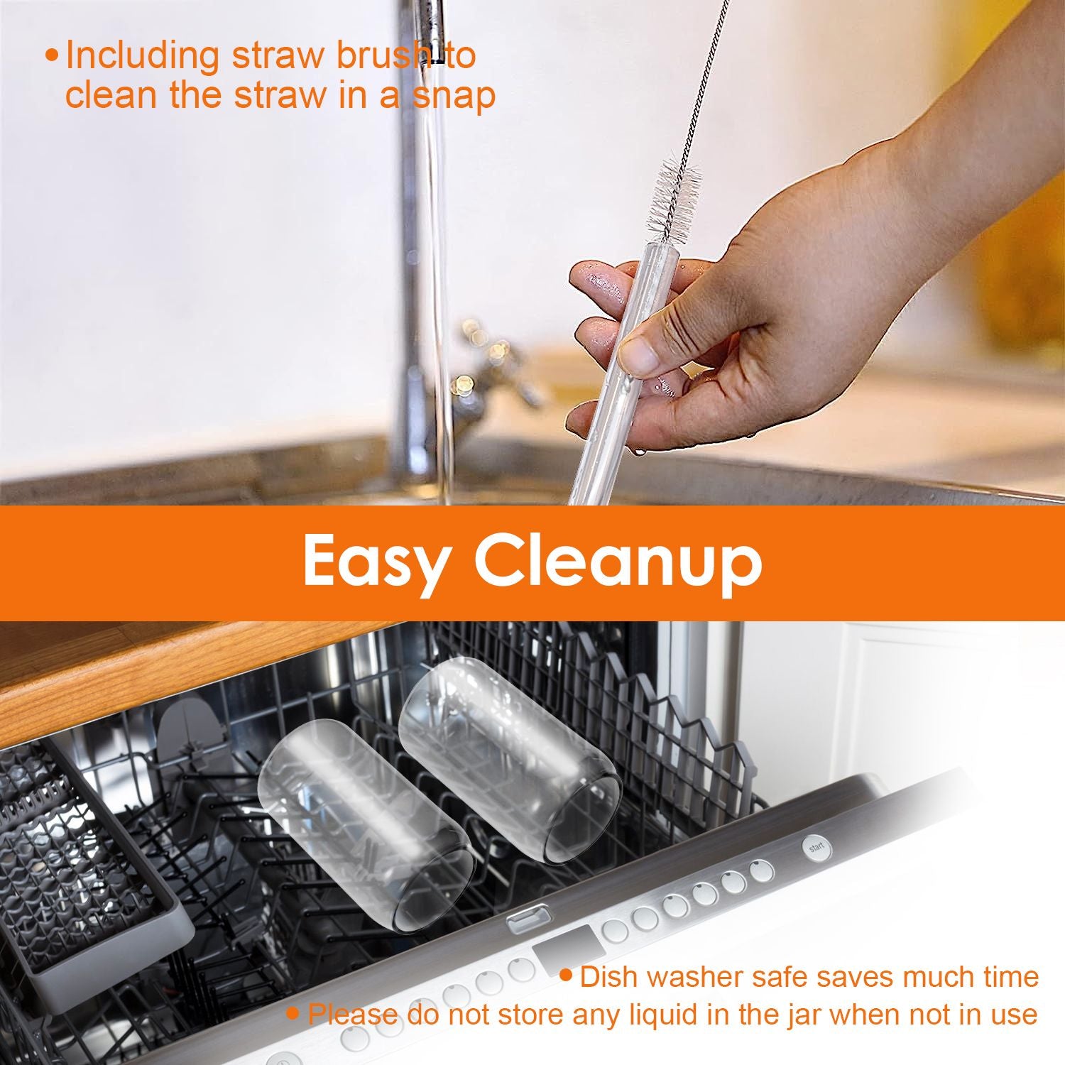 Hand holding a straw brush under running water, demonstrating easy cleaning of reusable straws, with a dishwasher filled with two transparent jars in the background.