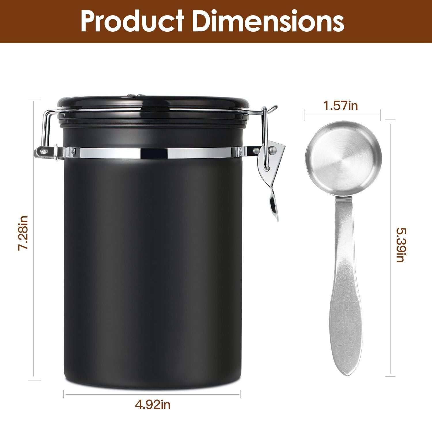 Black airtight storage container with metal clip and measuring scoop, dimensions: 7.28 inches tall, 4.92 inches wide, scoop is 5.39 inches long and 1.57 inches wide.