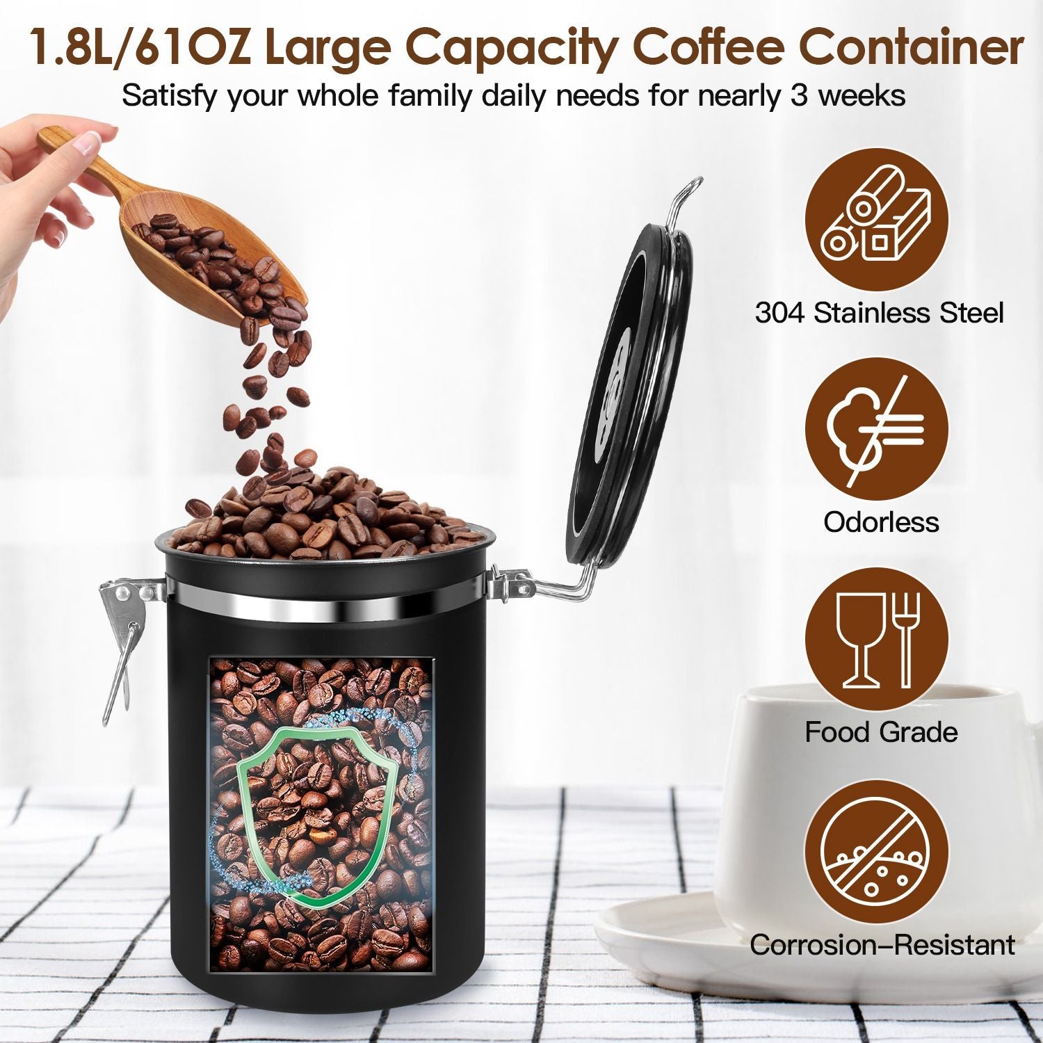 Large capacity 1.8L stainless steel coffee container with a secure lid, ideal for storing fresh coffee beans, showcasing a hand pouring beans with a food-safe, odorless, and corrosion-resistant design.