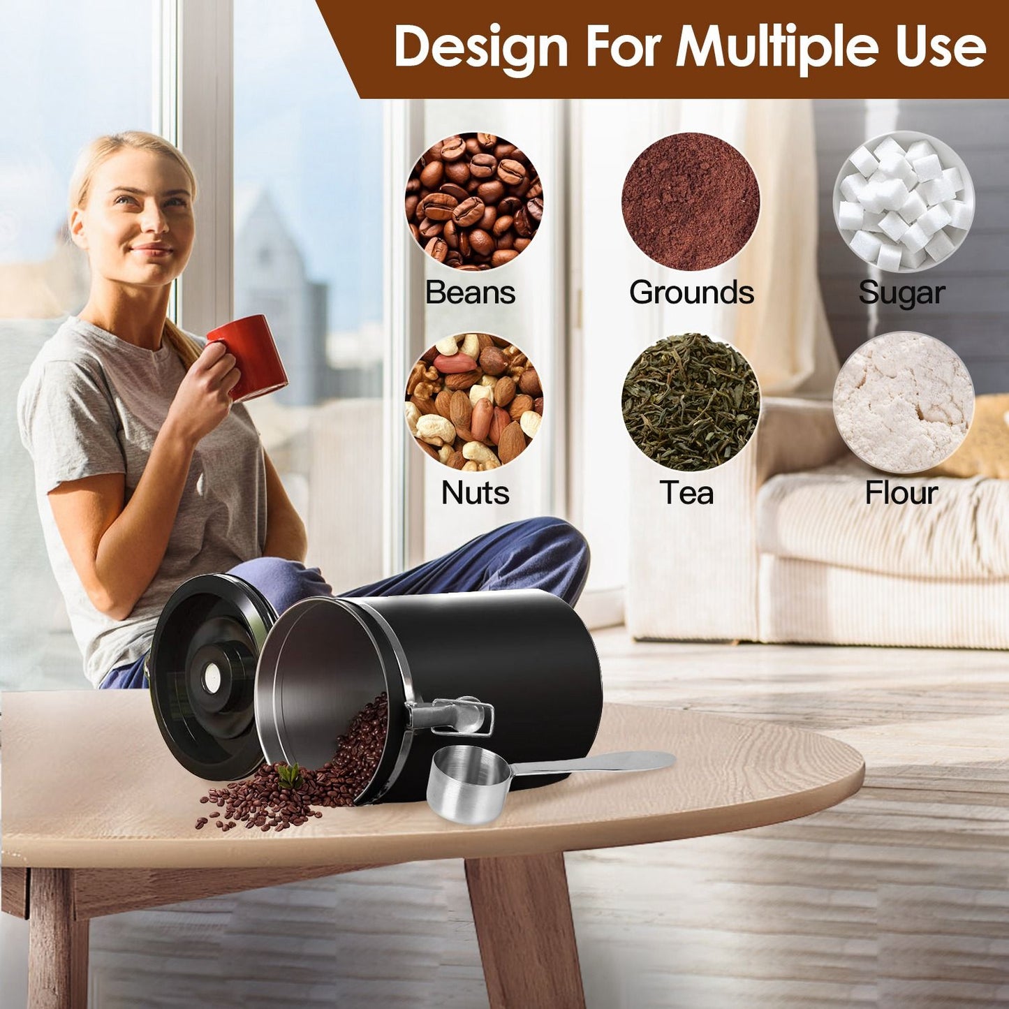 Black multi-use storage container with coffee beans, measuring scoop, and a woman enjoying a coffee in a cozy living room setting, ideal for storing beans, grounds, nuts, sugar, tea, and flour.