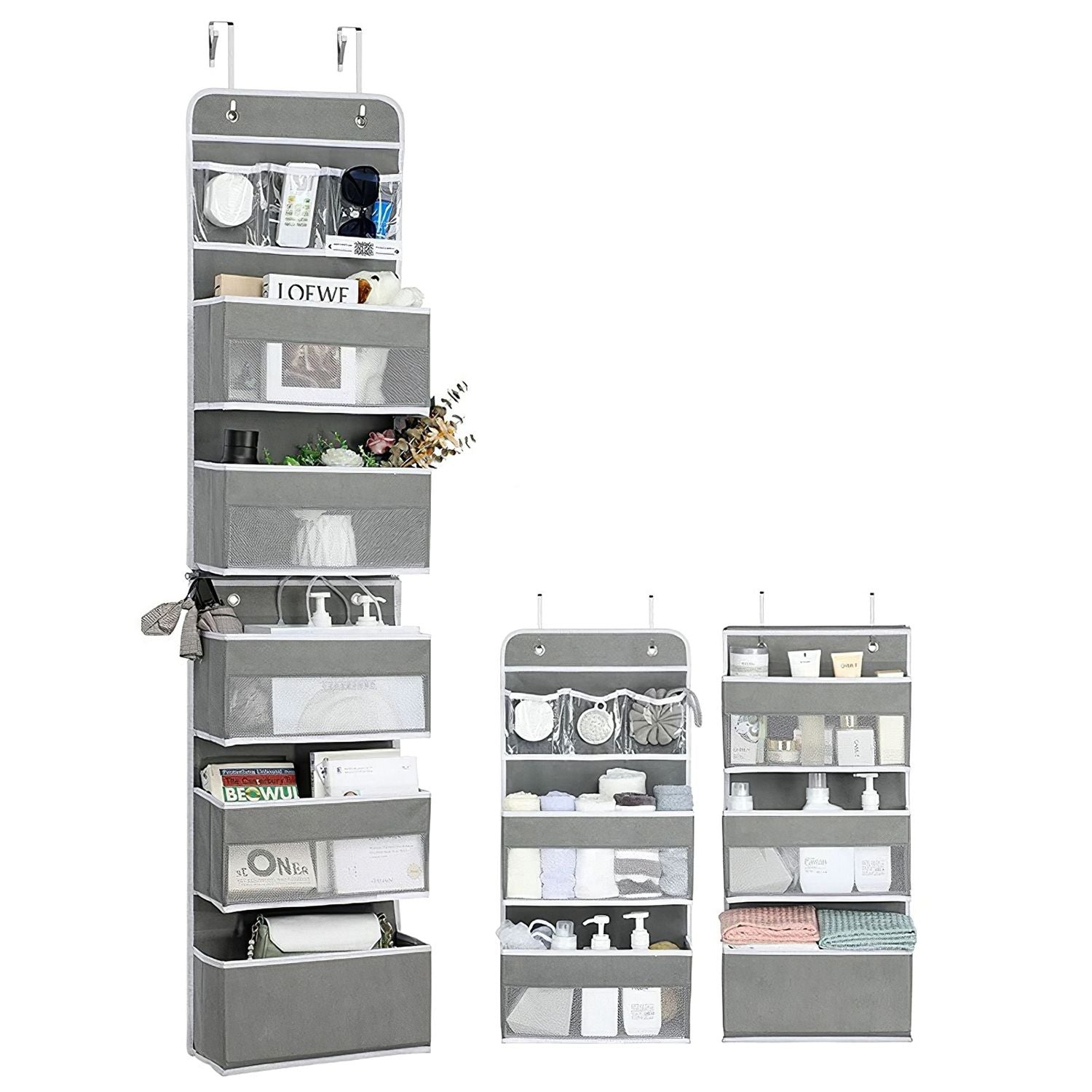 Gray over-the-door organizer with multiple pockets for storage of cosmetics, toiletries, and accessories, featuring a sleek design and easy-hanging hooks.