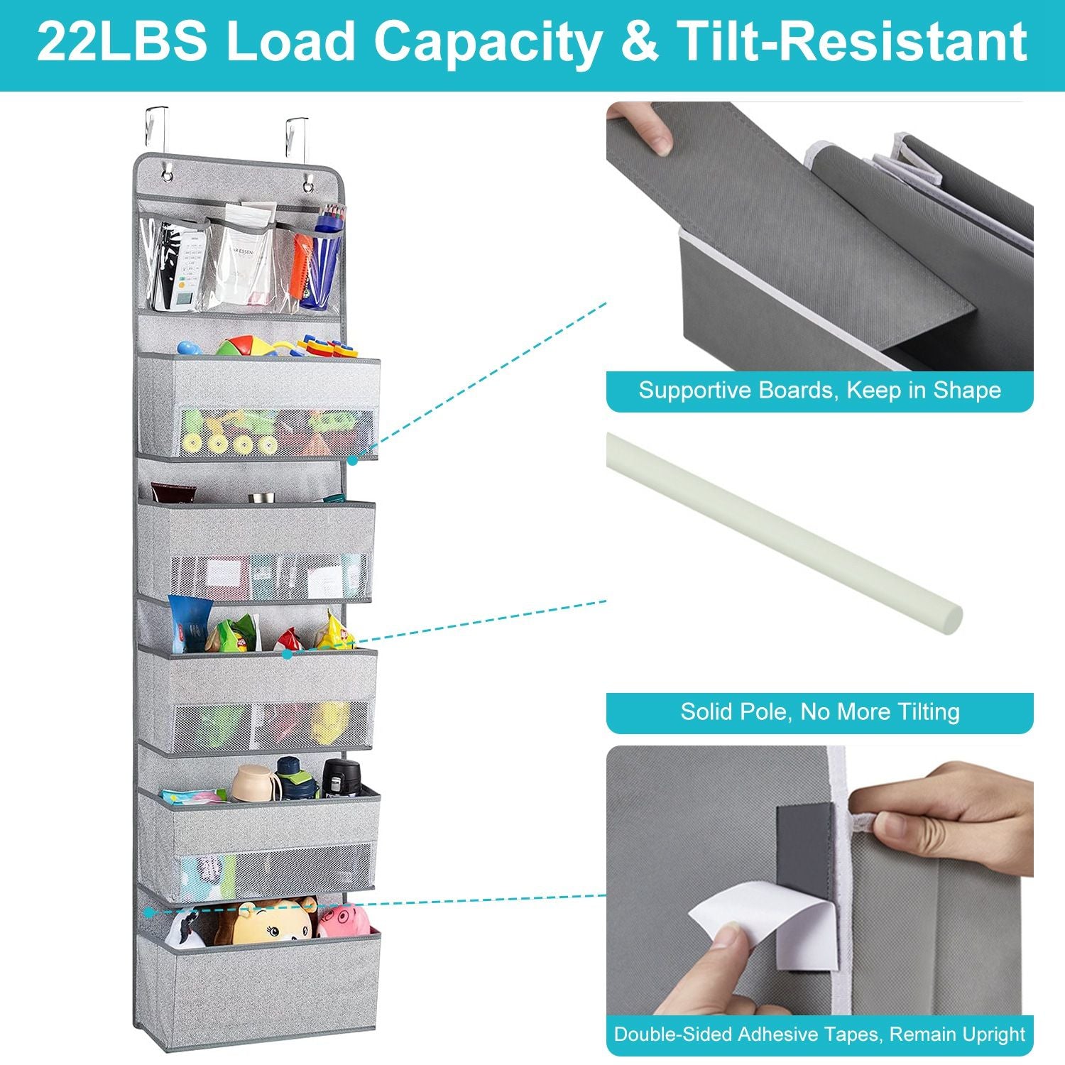 Vertical storage organizer with 22 lbs capacity, featuring multiple mesh pockets, supportive boards for stability, solid pole to prevent tilting, and double-sided adhesive tapes for secure mounting.