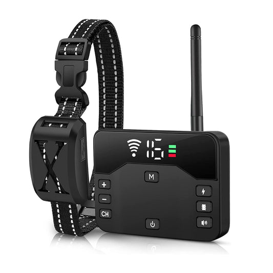 Black wireless dog training collar with adjustable strap, LED display, and control buttons for channel and settings.